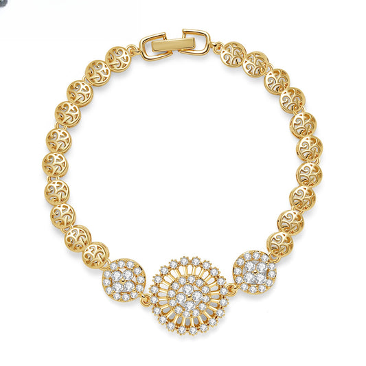 Elegant Gold Plated Leaf Chain Bracelet with Round Crystal Halo Charms for Women