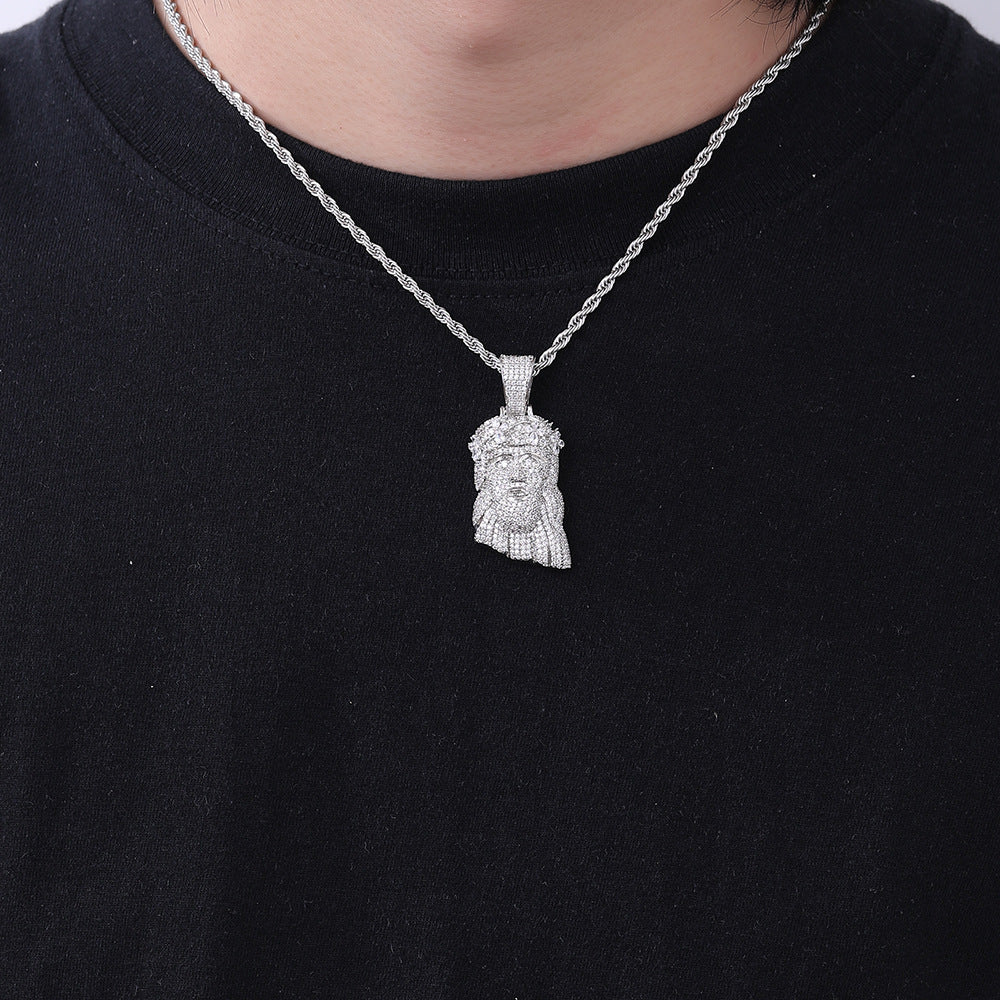 Hip Hop Crown Portrait Pendant Necklace with Twisted Rope Chain, Pave CZ Cartoon Face Jewelry, White-Tone or Gold-Tone product image