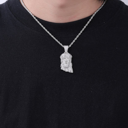 Hip Hop Crown Portrait Pendant Necklace with Twisted Rope Chain, Pave CZ Cartoon Face Jewelry, White-Tone or Gold-Tone