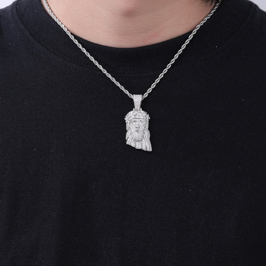 Hip Hop Crown Portrait Pendant Necklace with Twisted Rope Chain, Pave CZ Cartoon Face Jewelry, White-Tone or Gold-Tone