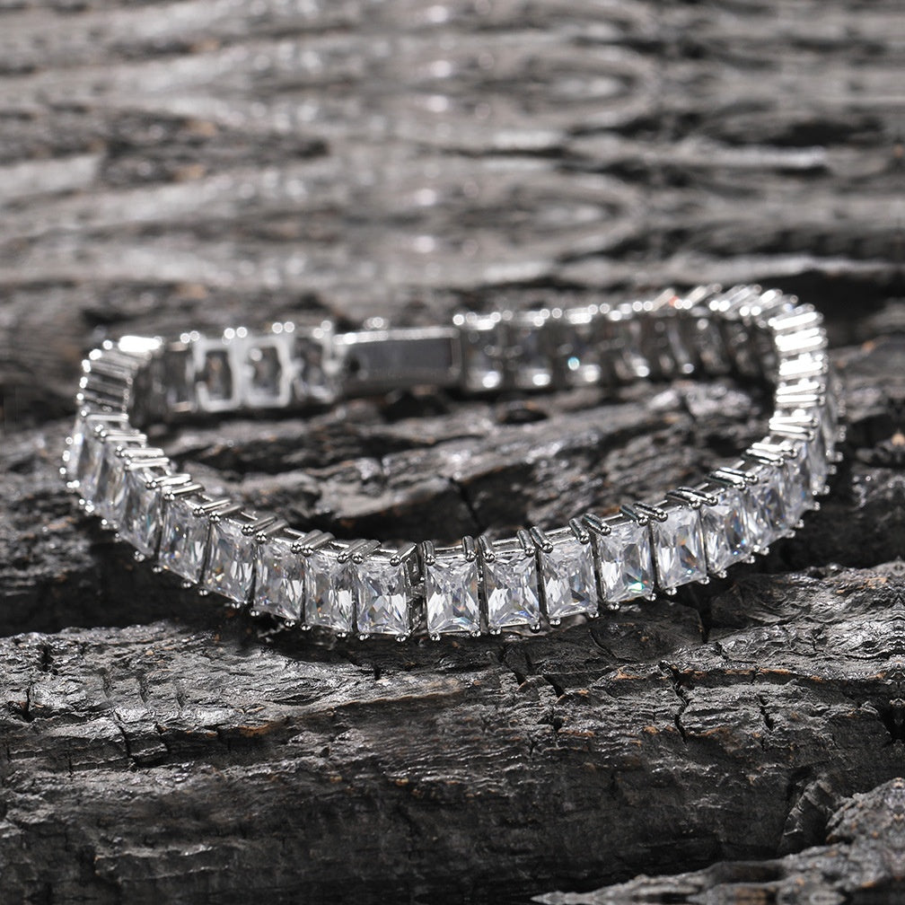 Men’s Silver-Tone Square Cubic Zirconia Tennis Bracelet – Hip Hop Statement Chain, 6 Inch / 7 Inch