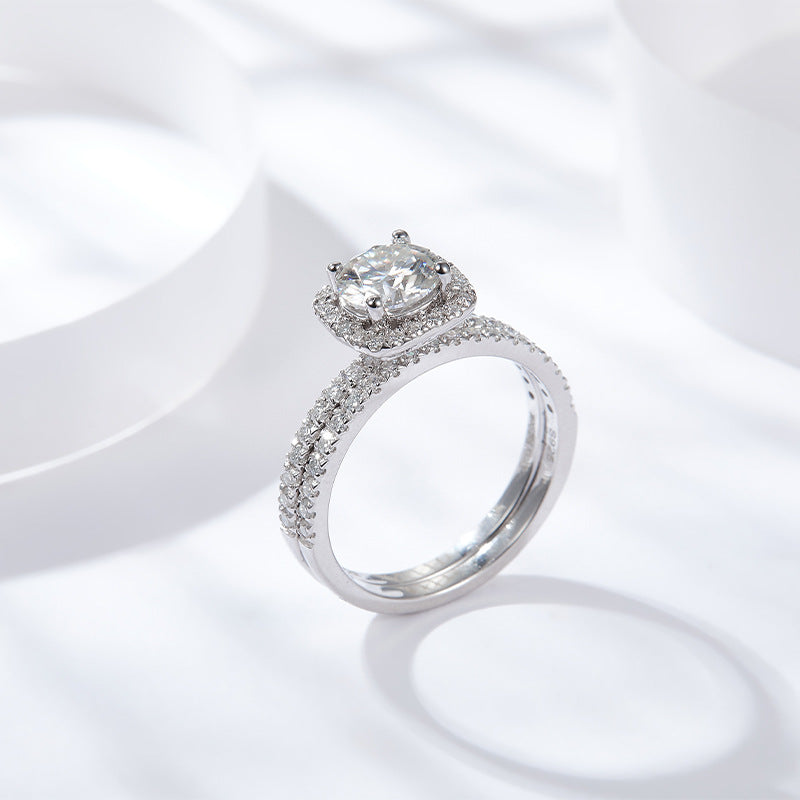 925 Silver 18K Gold Plated Moissanite Halo Ring, Double-Layer Square Cushion Ring product image