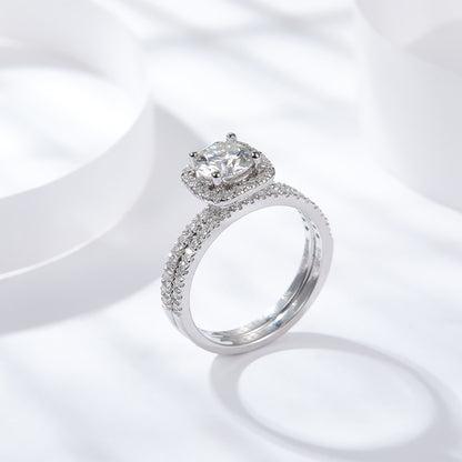 925 Silver 18K Gold Plated Moissanite Halo Ring, Double-Layer Square Cushion Ring