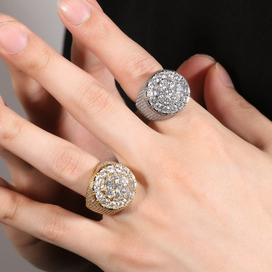 Men’s Gold Plated Flower Cluster Cubic Zirconia Statement Ring – Round Hip Hop Style