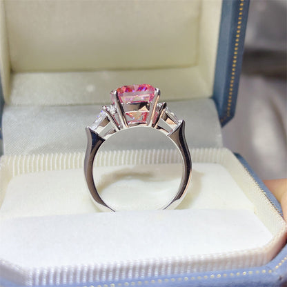 Pink 5 Carat Cushion Cut Moissanite Three-Stone Ring for Women