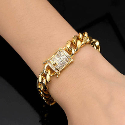 12 mm Polished Cuban with CZ Clasp Stainless steel Bracelet - CHA008