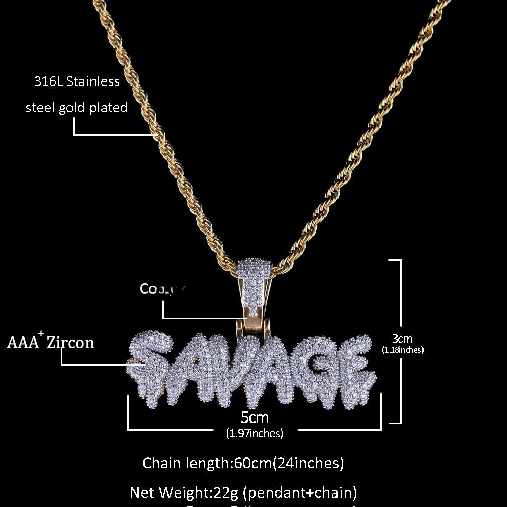 Iced Out English Letter Pendant Necklace for Women and Men, Gold Plated Copper Hip Hop Chain with Cubic Zirconia Statement Charm