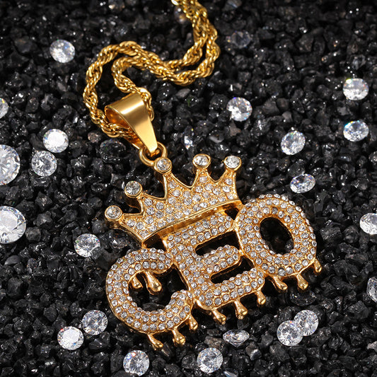 Gold Plated Stainless Steel CEO Letter Crown Pendant Necklace with Cuban or Rope Chain