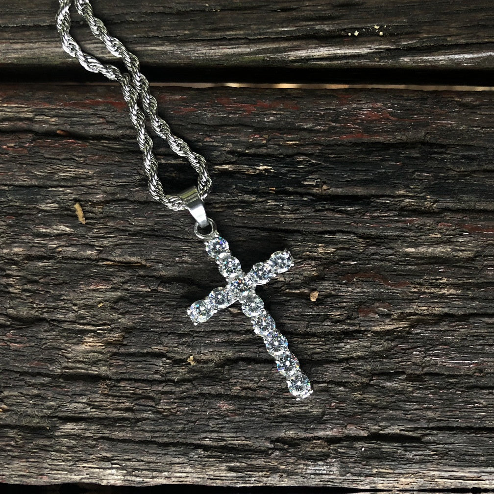 Iced Cross Pendant Necklace for Women & Men - Stainless Steel Rope Chain, Gold Plated or Silver Plated Statement Chain Jewelry