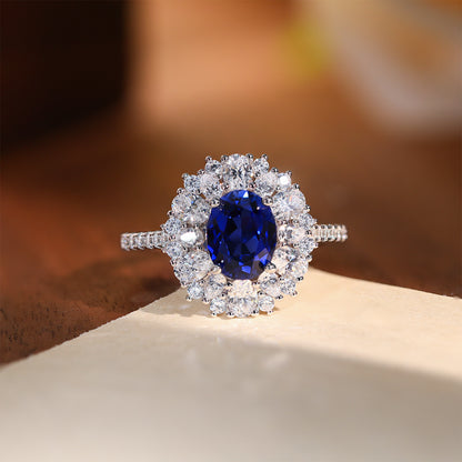 Blue Sapphire Oval Halo Jewelry Set, Necklace Earrings Ring, Silver-Tone