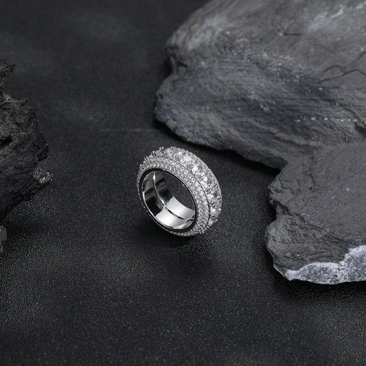 Men's Geometric Rotating Ring with Five-Row Clear Zircon Stones