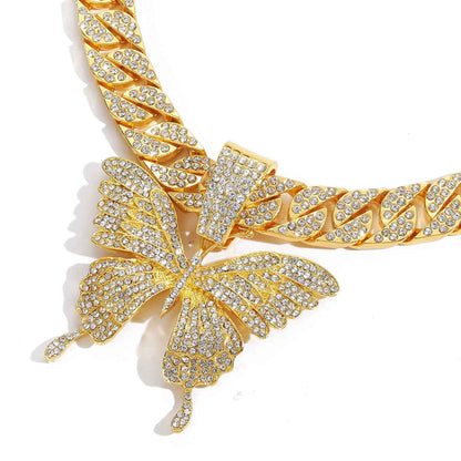 Hip Hop Punk Butterfly Cuban Link Alloy Pendant Necklace for Men and Women