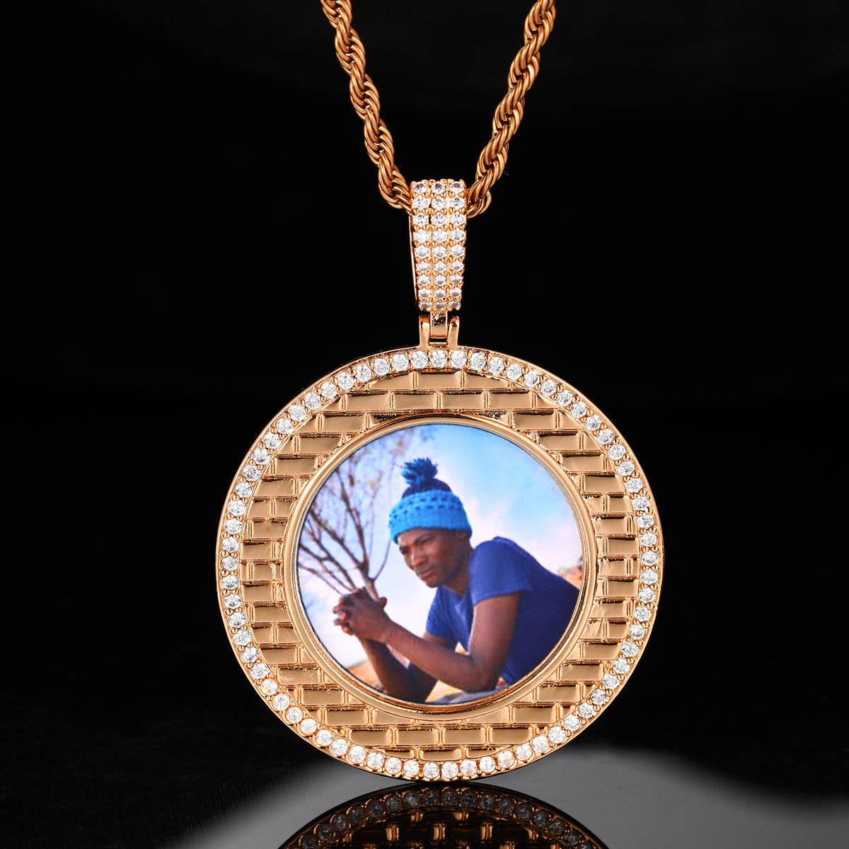 Iced Out Round Photo Pendant Necklace with Rope Chain for Men and Women product image