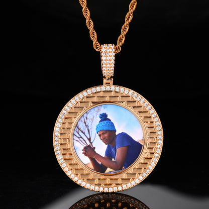 Iced Out Round Photo Pendant Necklace with Rope Chain for Men and Women