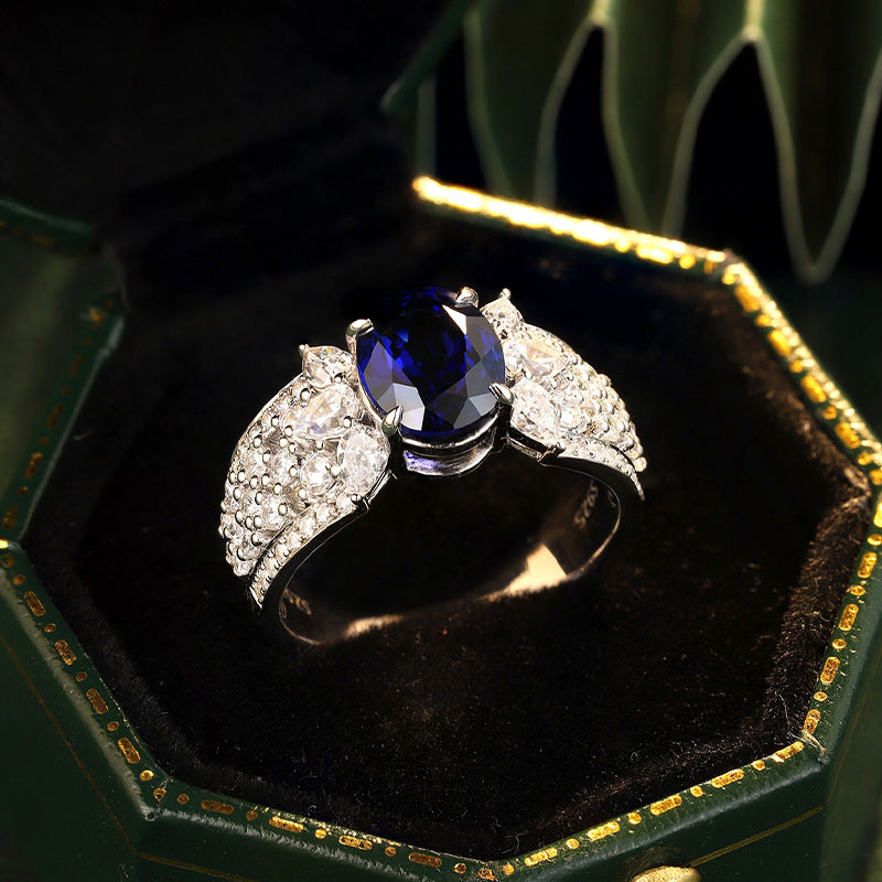 Blue Oval Sapphire Halo Ring, S925 Sterling Silver Promise Ring for Women product image