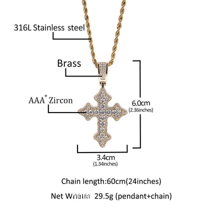 Iced Cross Pendant Necklace with Cubic Zirconia Stainless Steel Cuban Chain for Women & Men