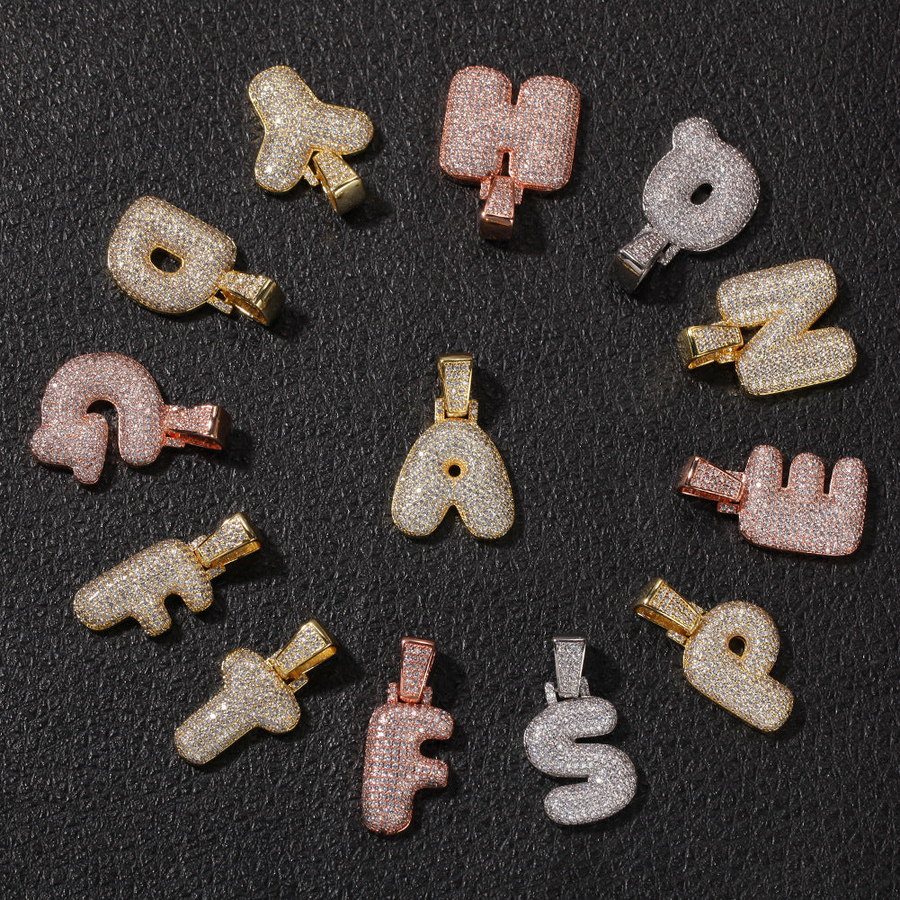 Unisex Bubble Letter Pendant Necklace with Cubic Zirconia, Gold Silver Rose Gold Initial Charm on 60cm Cuban Chain