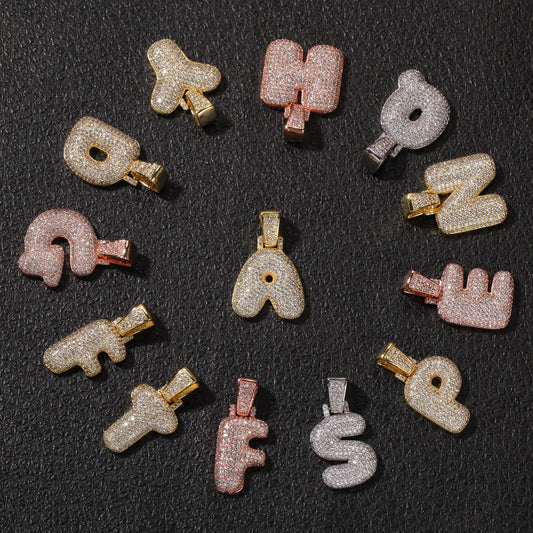 Unisex Bubble Letter Pendant Necklace with Cubic Zirconia, Gold Silver Rose Gold Initial Charm on 60cm Cuban Chain