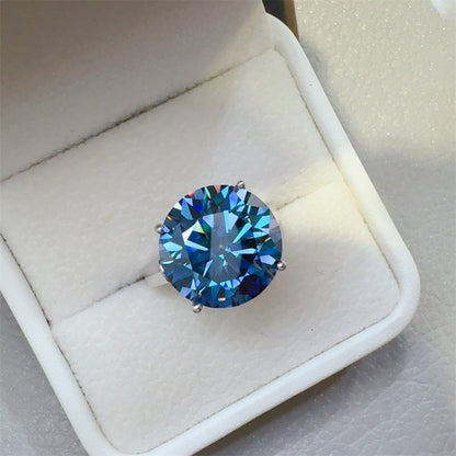 Blue Moissanite Ring for Women, Round Cut Four-Prong Solitaire Ring, 1 to 10 Carat Sizes 9-20