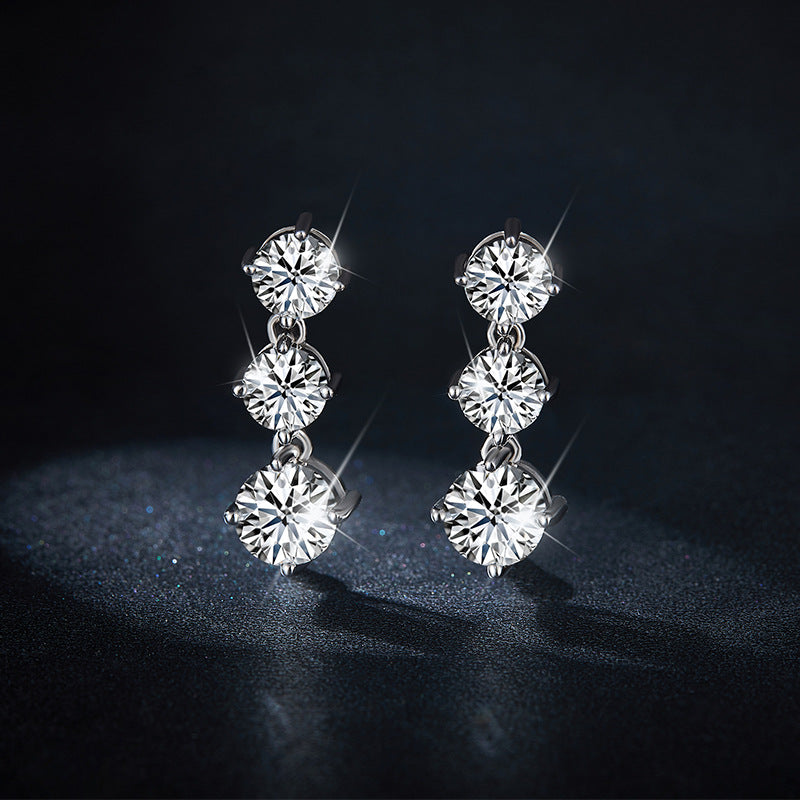 925 Silver Moissanite Three-Stone Drop Earrings, 6.0mm Prong-Set Stud Design product image