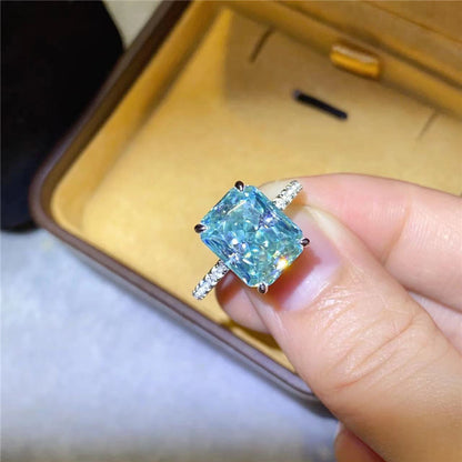 Mint Green Moissanite Ring for Women, Elongated Rectangular Stone Engagement Ring, Pave Band Promise Ring, 1 Carat 2 Carat 3 Carat 5 Carat