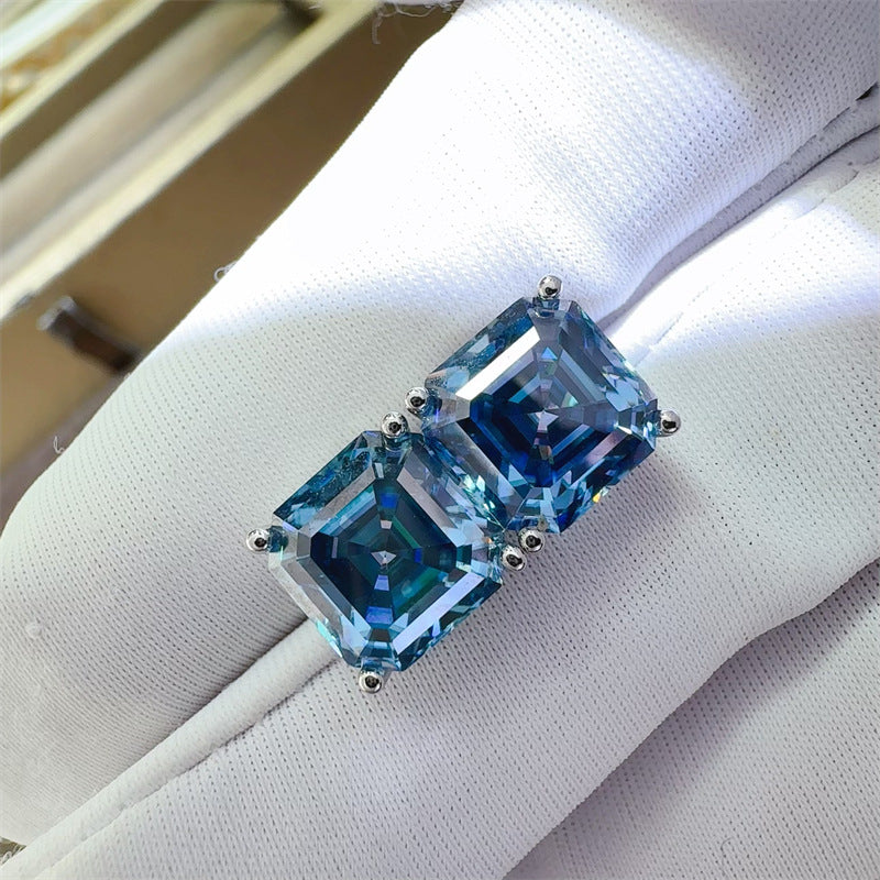 Blue Asscher Cut Moissanite Stud Earrings for Women, Geometric Silver Ear Studs, Dressy Daily Earrings product image