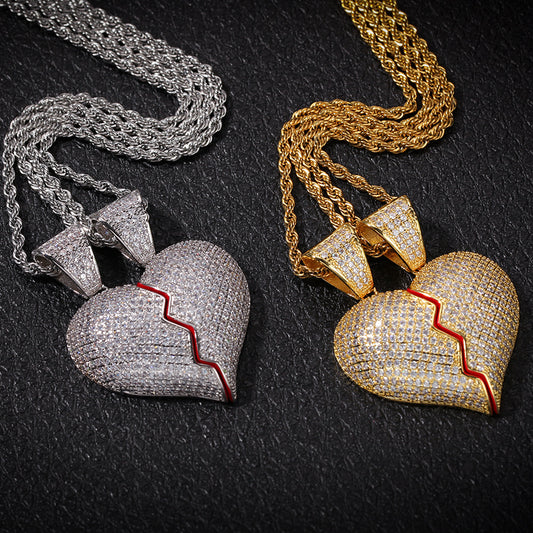 Iced Broken Heart Pendant Necklace Set for Couples – Cubic Zirconia Hip Hop Chain in Gold, Silver & Two-Tone