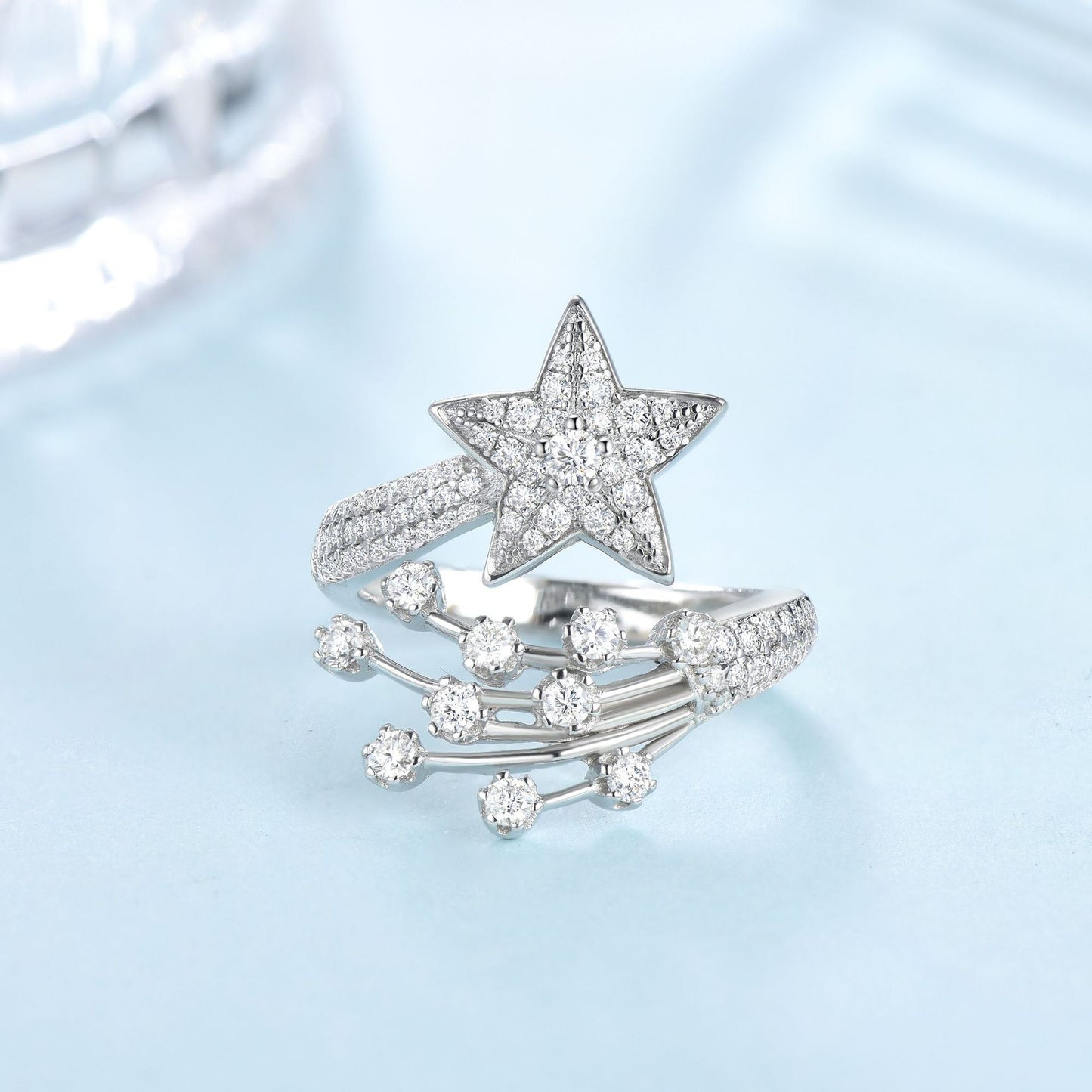Moissanite Star Open Ring for Women, Silver Comet Celestial Ring product image