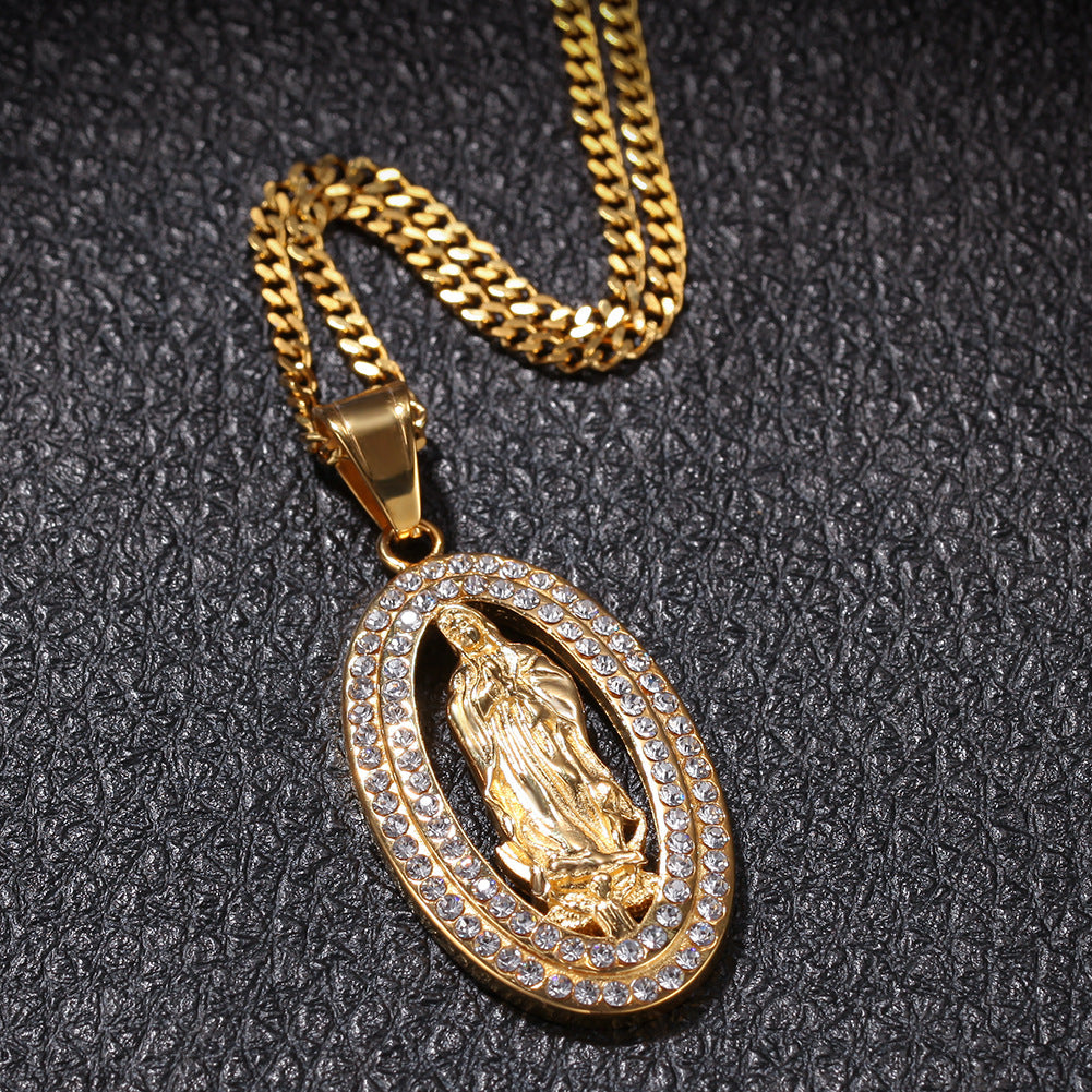 Gold Stainless Steel Virgin Mary Pendant Necklace with Cubic Zirconia Iced Out Rope or Cuban Chain