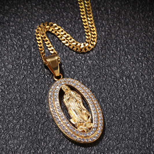 Gold Stainless Steel Virgin Mary Pendant Necklace with Cubic Zirconia Iced Out Rope or Cuban Chain
