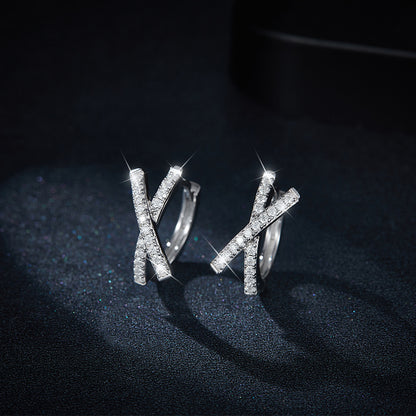 925 Silver Moissanite X Hoop Earrings, Cross Over Huggie Style