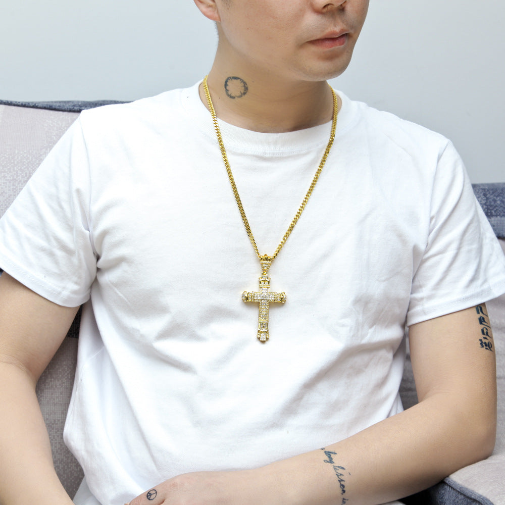 Iced Cross Pendant Necklace with Cuban Chain for Men & Women – Gold or Silver Statement Hip Hop Chain