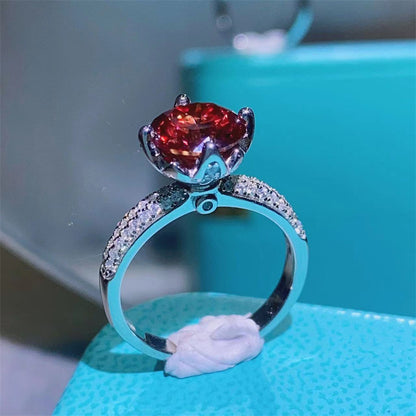 2 Carat Pigeon Blood Red Moissanite Ring with Pavé Band for Women