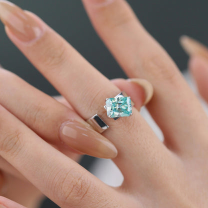 3 Carat Moissanite Ring, Open Adjustable S925 Silver Radiant-Cut Color Stone Ring, Women’s Promise Ring