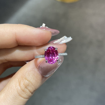 Lab-Created Ruby Oval Ring for Women, 925 Silver Pave Band Ring