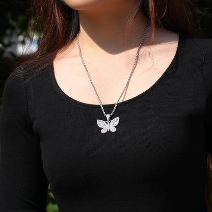 Butterfly Cubic Zirconia Pendant Necklace for Women & Men – Gold Plated or Silver Plated Chain Necklace in Twisted Rope or Cuban Chain