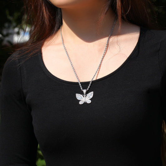 Butterfly Cubic Zirconia Pendant Necklace for Women & Men – Gold Plated or Silver Plated Chain Necklace in Twisted Rope or Cuban Chain
