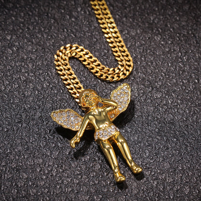 Iced Angel Pendant Necklace with 60cm Stainless Steel Cuban Chain for Women & Men