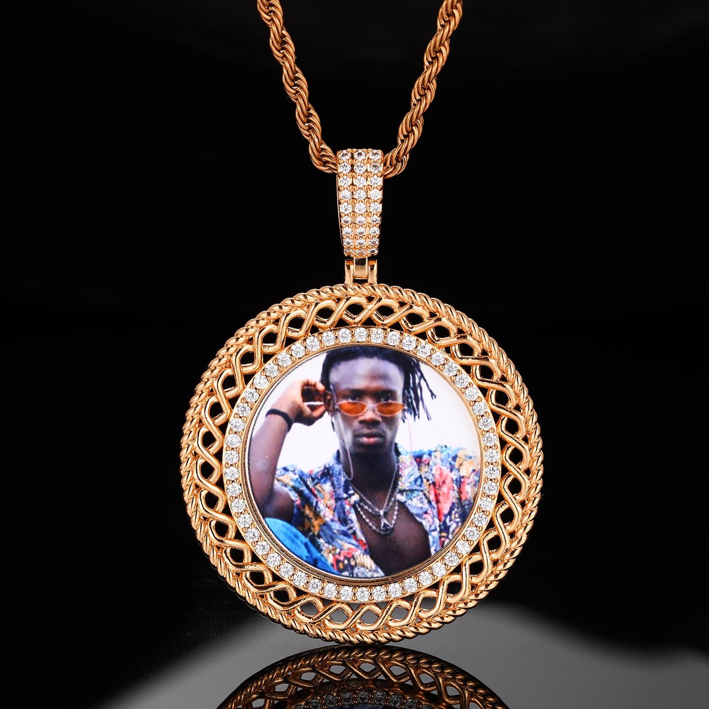 Iced Out Round Portrait Pendant Necklace with Rope Chain for Men and Women product image