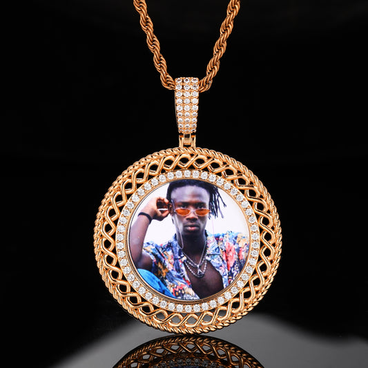 Iced Out Round Portrait Pendant Necklace with Rope Chain for Men and Women alternate product image