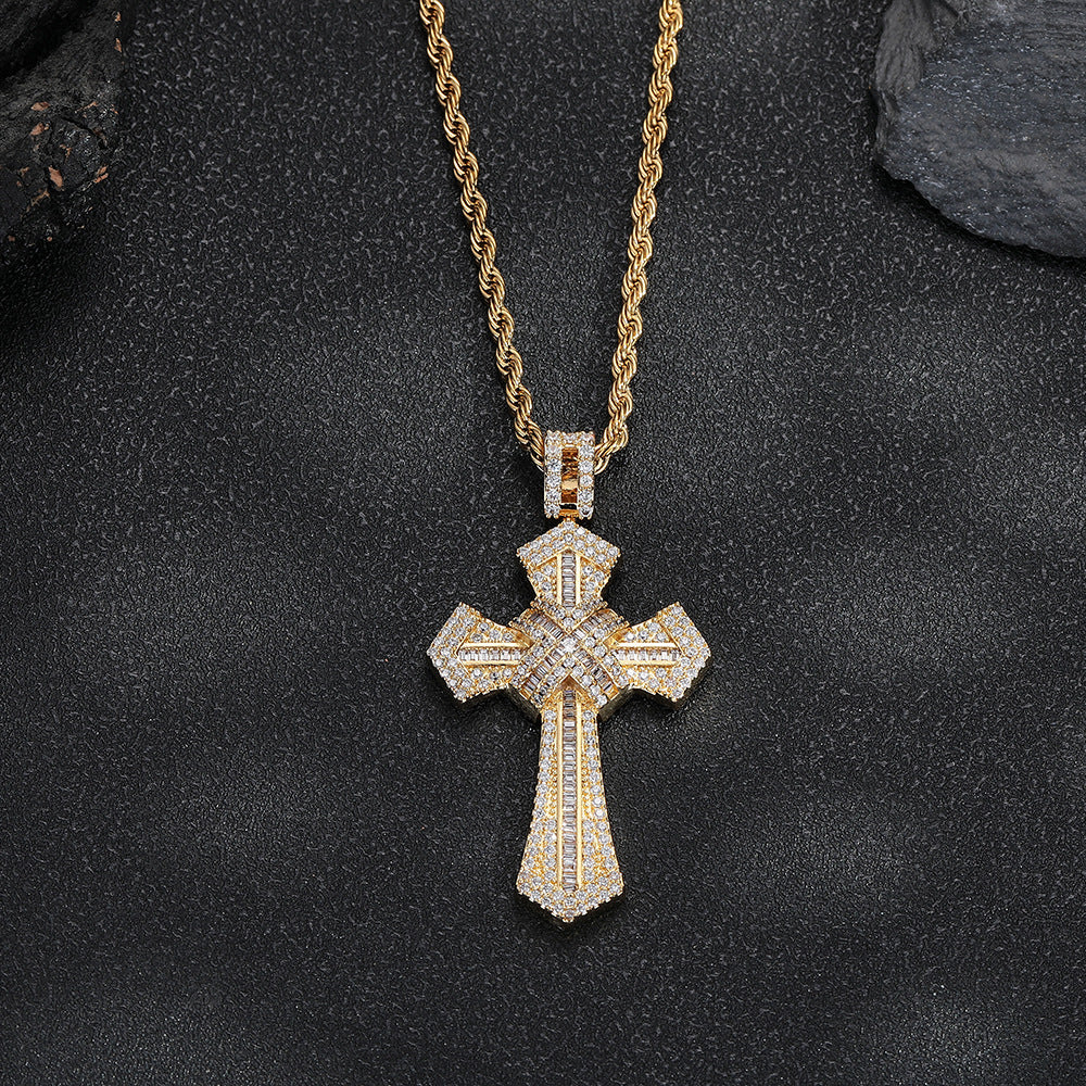 Cross Pendant Rope Chain Necklace, Zircon Inlay, Unisex Street Style