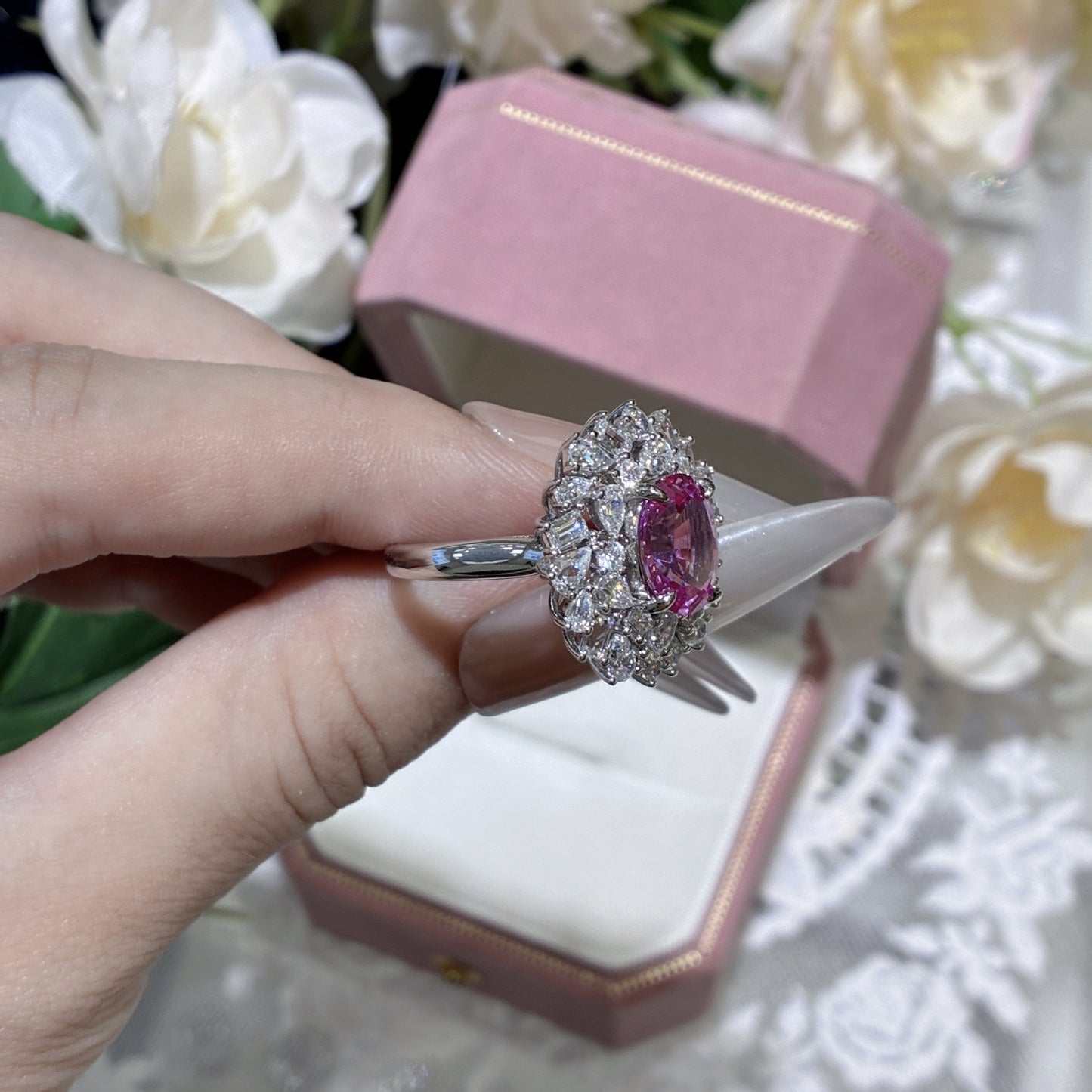 Pink Sapphire Halo Ring, S925 Silver Oval Cluster Ring for Women product image