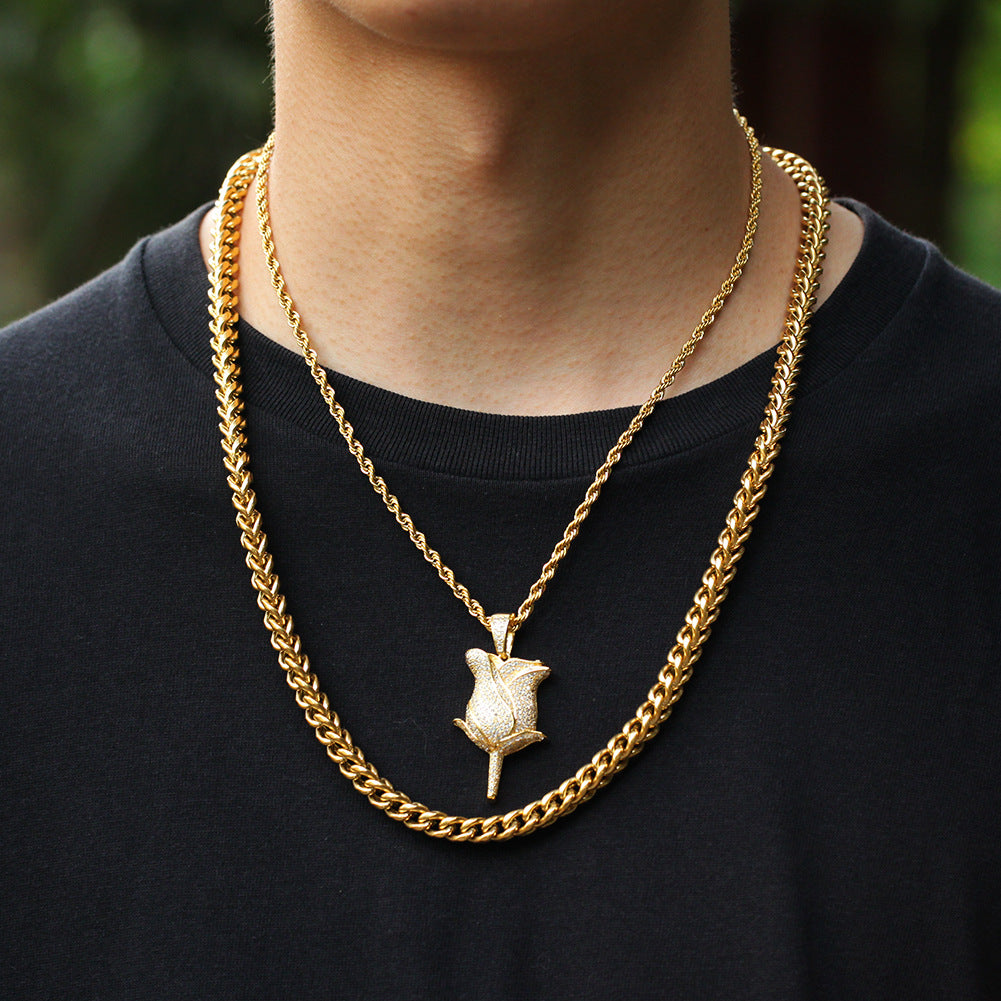 Men’s Iced Rose Pendant Necklace with Cubic Zirconia Twisted Chain, Gold Plated or Silver Plated Statement Jewelry