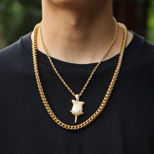 Men’s Iced Rose Pendant Necklace with Cubic Zirconia Twisted Chain, Gold Plated or Silver Plated Statement Jewelry