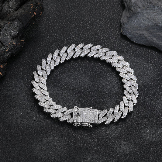 12mm Pave Cuban Link Bracelet, Unisex Hip Hop Chain Style