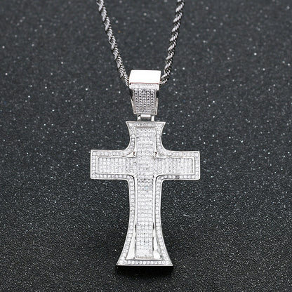 Hip Hop Vintage Cross Diamond Shape Cubic Zirconia Pendant Necklace for Men and Women