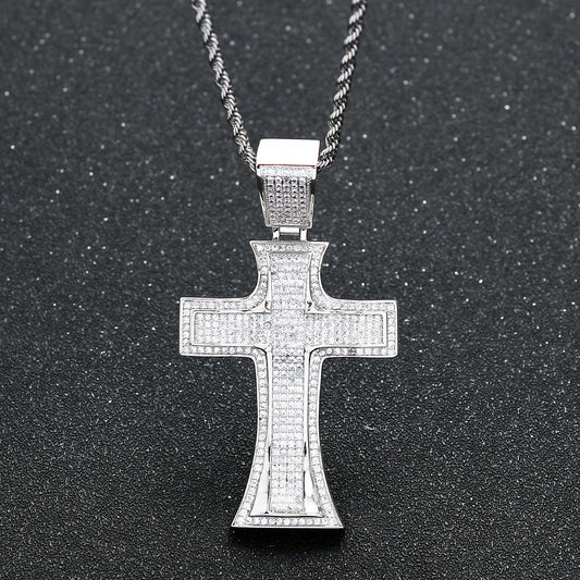 Hip Hop Vintage Cross Diamond Shape Cubic Zirconia Pendant Necklace for Men and Women