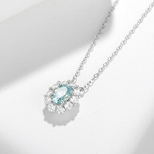 Aqua Blue Moissanite Oval Halo Pendant Necklace for Women, S925 Silver, 18K Gold Plated alternate product image