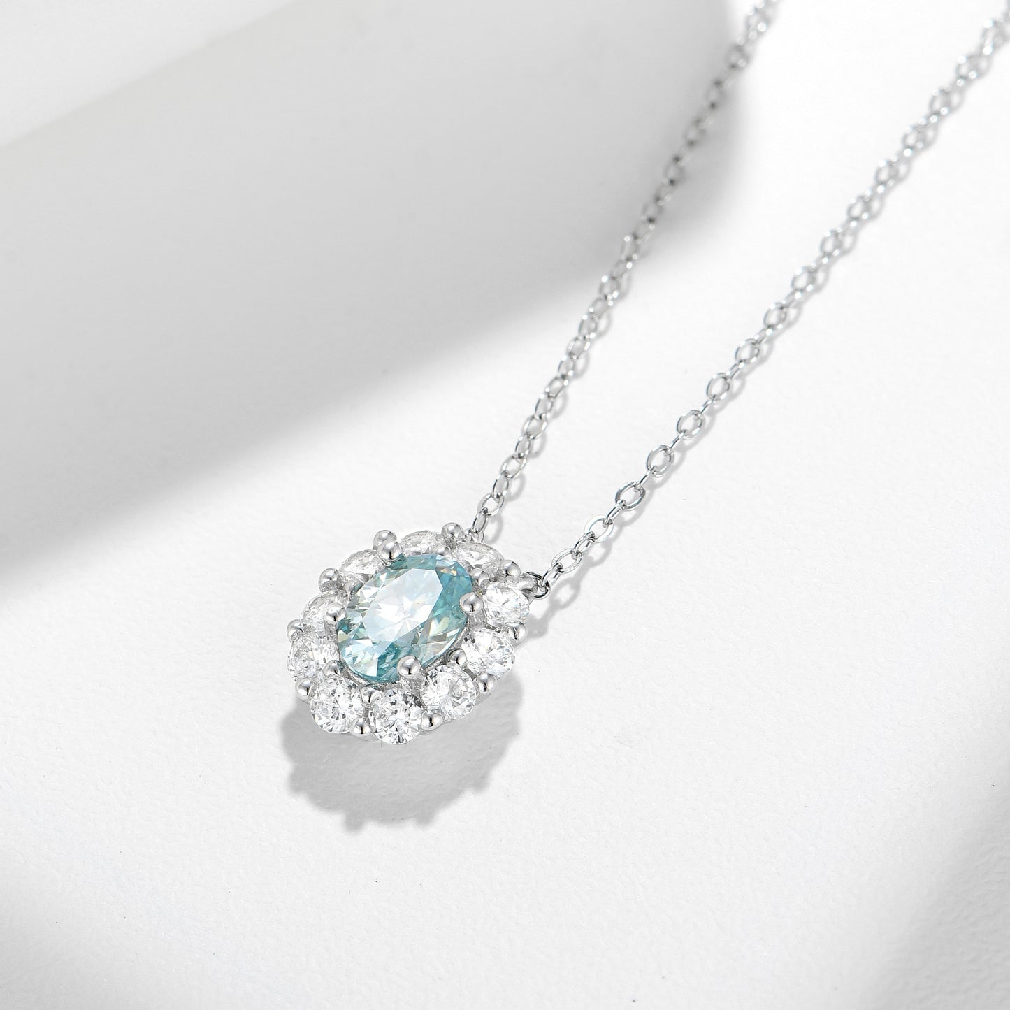 Aqua Blue Moissanite Oval Halo Pendant Necklace for Women, S925 Silver, 18K Gold Plated product image
