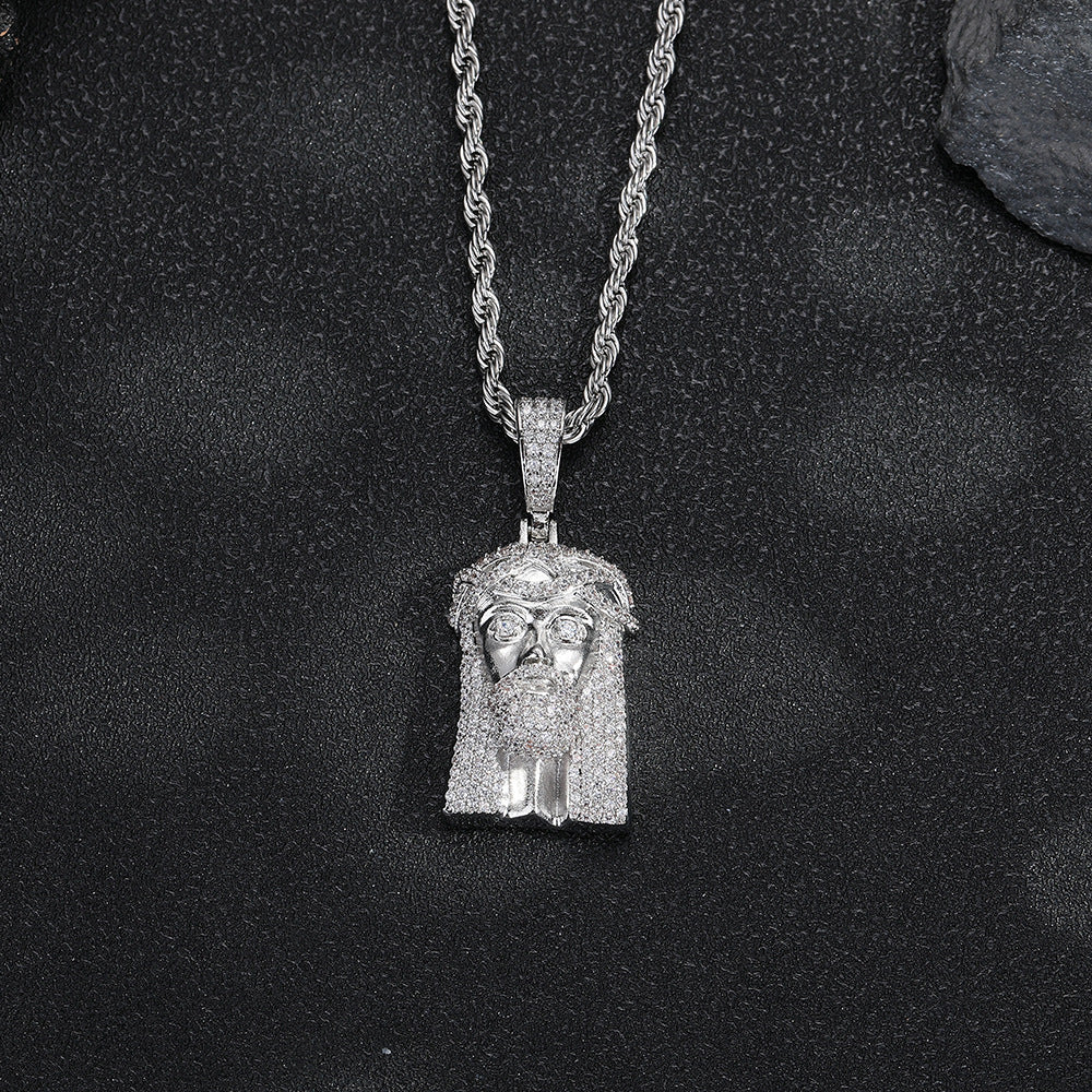 Jesus Face Pendant Rope Chain Necklace for Men, Iced Out Hip Hop Jewelry